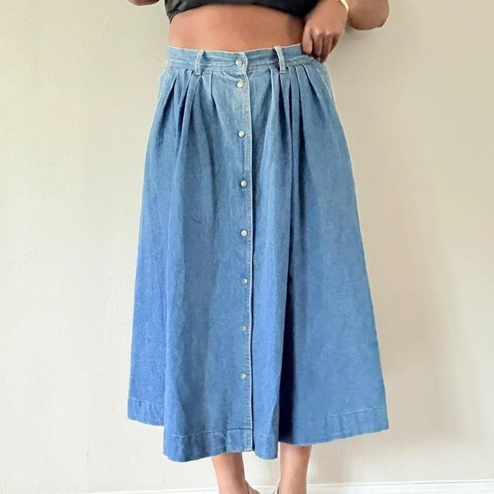 Vintage Women's Denim Midi Skirt Size 12 Button Front Pleated A-Line Cotton